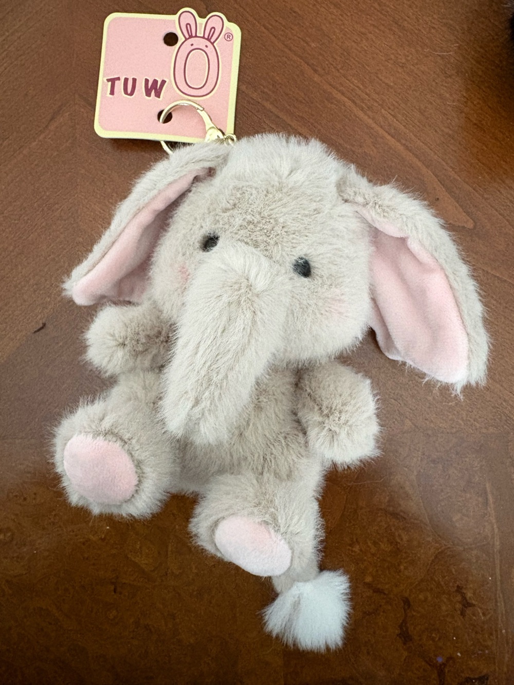 Plush Elephant Keychain - Soft Light Gray with Pink Ears